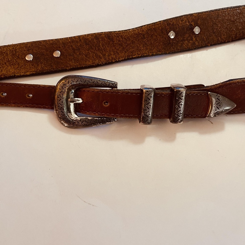 READ Brighton Belt Womens 34 Brown Western Tooled Leather Silver Buckle Conchos